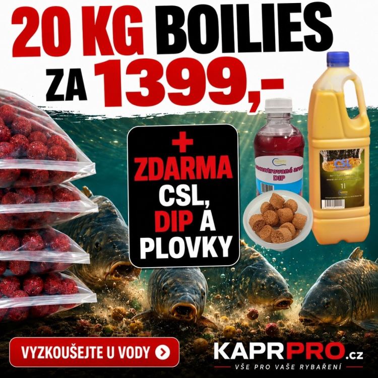 Boilies 20kg, jahoda, smetana a rum 20mm + CSL 1l + DIP 250ml + pop up pelety 20mm, 60g