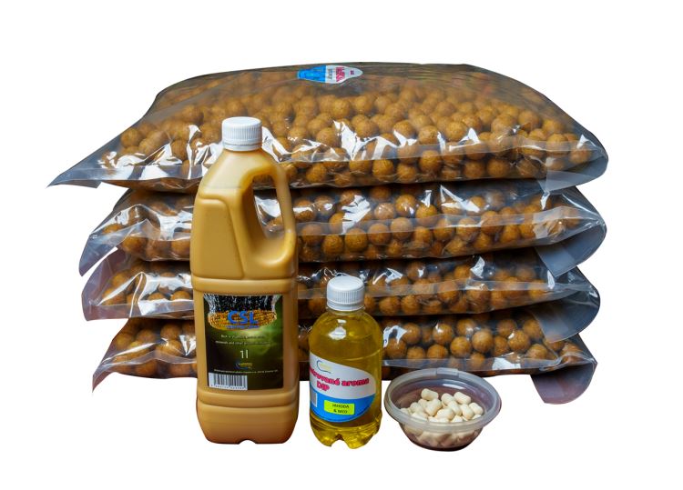 Boilies 20kg, jahoda & med, 30mm + CSL 1l + DIP 250ml +pop up pelety 20mm, 60g